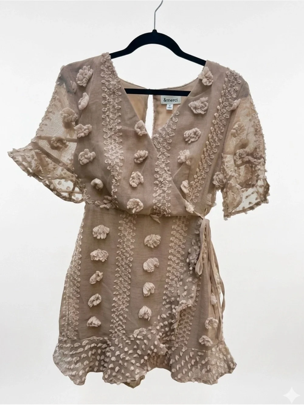 &merci Taupe Floral Appliqué Wrap Mini Dress - Picture 1 of 5